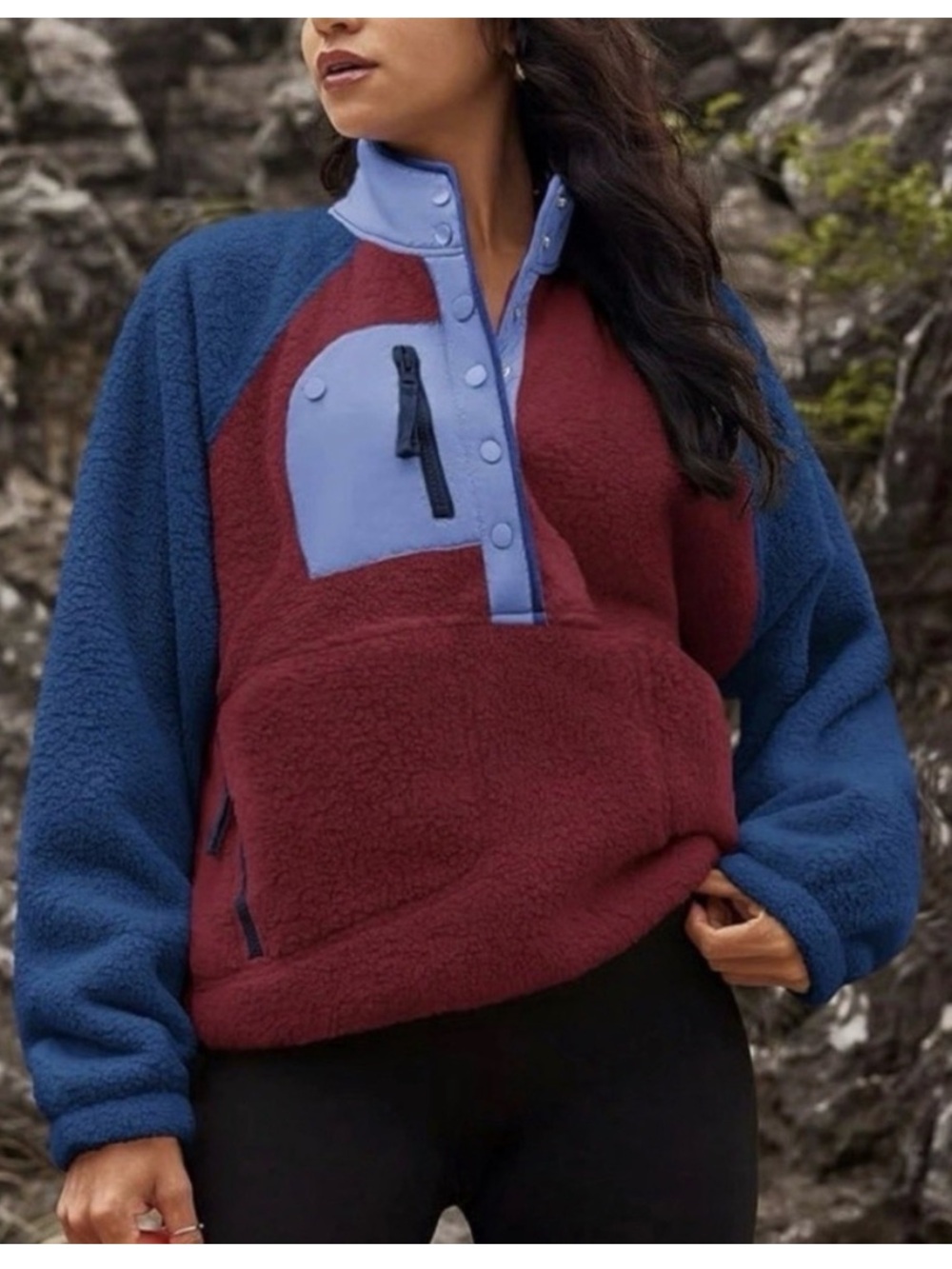 Free People hit the slopes Colorblock Fleece Pullover Jacket - Navy & Burgundy